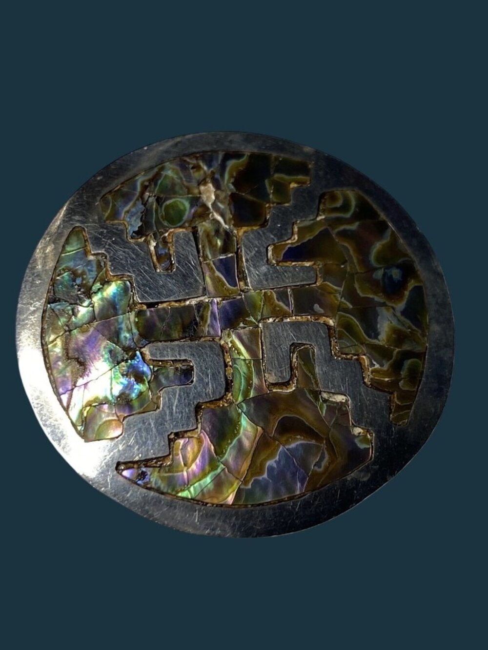 VTG RS Taxco Mexico Sterling Silver Inlaid Abalone Geometric Brooch Pendant